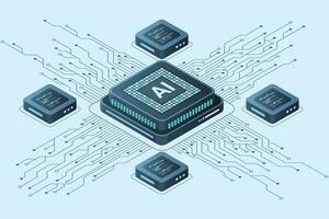 Isometric artificial intelligence chip concept. Artificial intelligence concept. Futuristic microchip processor. Vector illustration