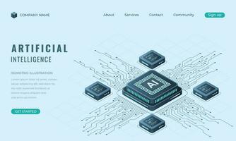 Isometric artificial Intelligence landing page concept. Machine learning technology. Digital technology website landing page. Vector illustration