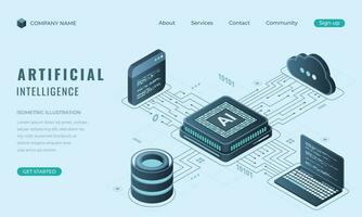 Isometric artificial Intelligence landing page concept. Machine learning technology. Digital technology website landing page. Vector illustration