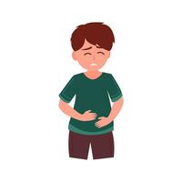 Stomach disease, intestinal disorder. Sick child holding belly. Isolated Vector illustration.