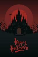 Halloween vertical background with haunted house or castle, full moon and bats. Flyer or invitation template for Halloween party. Vector illustration