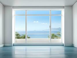 white empty interior with windows and sea view photo