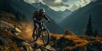 ai generado. ai generativo. montaña deporte activo extremo bicicleta mtb con proteccion hombre. aventuras viaje inspiración. gráfico Arte foto