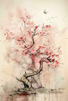 Generative AI, Beautiful japanese sakura tree, watercolor painting, vintage asian poster photo