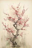 Generative AI, Beautiful japanese sakura tree, watercolor painting, vintage asian poster photo