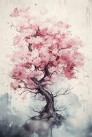 Generative AI, Beautiful japanese sakura tree, watercolor painting, vintage asian poster photo