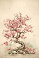 Generative AI, Beautiful japanese sakura tree, watercolor painting, vintage asian poster photo