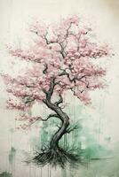 Generative AI, Beautiful japanese sakura tree, watercolor painting, vintage asian poster photo