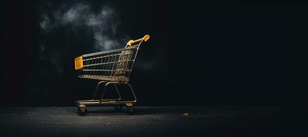 Generative AI, golden shopping cart on dark background with glittered bokeh, Black Friday concept, discount and sale. photo
