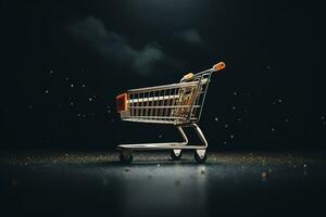 Generative AI, golden shopping cart on dark background with glittered bokeh, Black Friday concept, discount and sale. photo