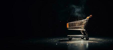 Generative AI, golden shopping cart on dark background with glittered bokeh, Black Friday concept, discount and sale. photo