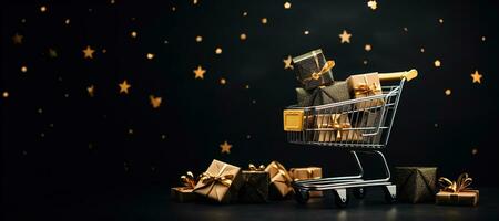 Generative AI, golden shopping cart with many gift boxes on dark background with glittered bokeh, Black Friday concept, discount and sale. photo