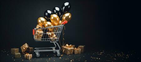 Generative AI, golden shopping cart with many gift boxes on dark background with glittered bokeh, Black Friday concept, discount and sale. photo