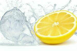 Photo of sliced Lemon with water splashes isolated on white background. Pro Photo