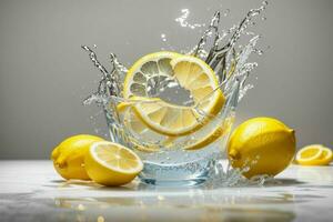 Photo of sliced Lemon with water splashes isolated on white background. Pro Photo