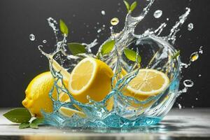 Photo of sliced Lemon with water splashes isolated on white background. Pro Photo