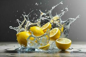 Photo of sliced Lemon with water splashes isolated on white background. Pro Photo