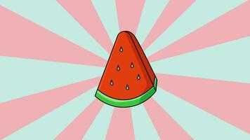 Animation von ein Scheibe von Wassermelone mit ein rotierend Hintergrund video