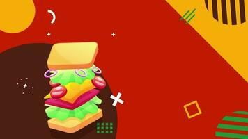 Burgers food rain falling, delivery fast food, hamburger falling meat, burger animation video