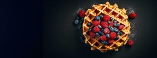 Generative AI, Assorted Belgian waffles with fruit and syrup, sweet baked dessert photo