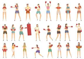 Boxer woman icons set cartoon vector. Female glove vector