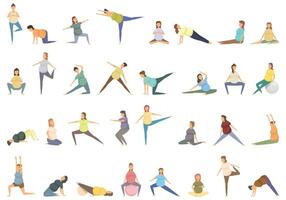 yoga para embarazada íconos conjunto dibujos animados vector. rutina de ejercicio prenatal vector