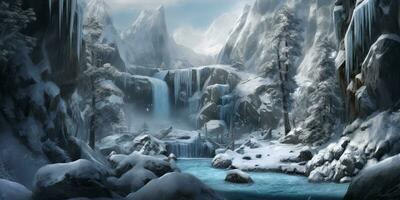 AI Generated. AI Generative. Winter snow ice nature outdoor frozen waterfall landscape background. Graphic Art photo