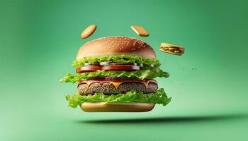 Burger with green background delicious photo