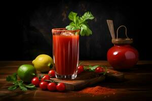 Bloody Mary cocktail on a dark background, promotional commercial photo. photo