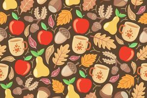 Seamless autumn pattern with mugs, leaves, acorns, and fruits. vector