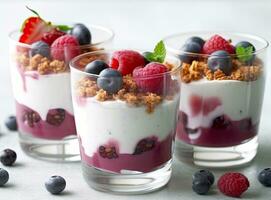 Granola with yogurt and berries for healthy breakfast. Bowl of greek yogurt with granola, almonds, blueberries and strawberries, top view, copy space. Created with Generative AI technology. photo