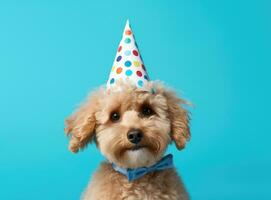 contento linda desaliñado perro celebrando con cumpleaños pastel y fiesta sombrero, azul antecedentes con Copiar espacio a lado. creado con generativo ai tecnología foto