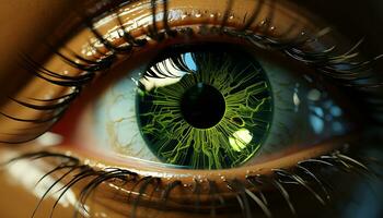 cerca arriba de un humano ojo, curioso con un verde iris generado por ai foto