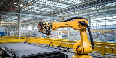 ai generado. ai generativo. mecánico futuro innovación robot brazo mano fábrica industria construcción automatización proceso. gráfico Arte foto