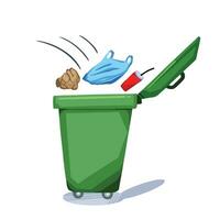 Green Trash Bin with tissue, plastic bag, and beverage cup garbage waste thrown in it vector illustration isolated on square white background. Simple flat cartoon art styled drawing without outline.