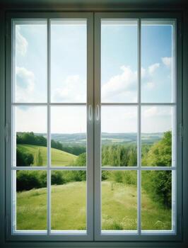 Modern residential window and trees and sky behind. Created with Generative AI technology. photo