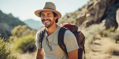 ai generado. ai generativo. hermoso hombre en sombrero mochila trekking excursionismo retrato paisaje aventuras exterior. gráfico Arte foto