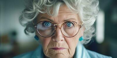 ai generado. ai generativo. antiguo mujer profesor en lentes mirando a cámara con loco divertido retrato rostro. gráfico Arte foto