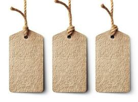 Blank tag tied for hang on product for show price or discount isolate on white background with clipping path. Created with Generative AI technology. photo