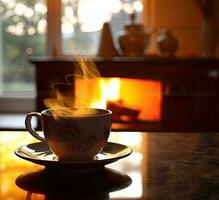 Coffee cup and coffee beans on table. Created with Generative AI technology. photo