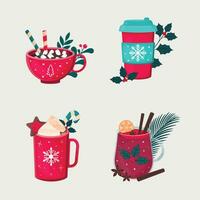 Navidad conjunto de caliente bebidas con decoraciones vector