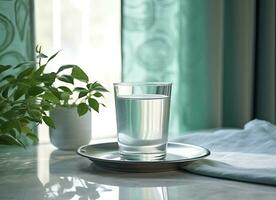 Glass of pure water on kitchen table. Created with Generative AI technology. photo