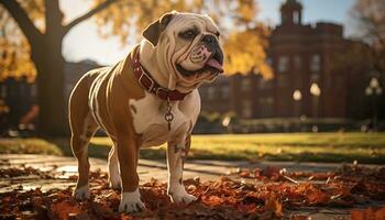 linda buldog perrito jugando al aire libre en otoño, disfrutando naturaleza generado por ai foto