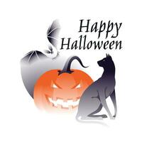 Halloween greeting card, poster, leaflet with pumpkins, black cat and bat. Gradient ctyle. Vector illustration