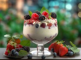 Granola with yogurt and berries for healthy breakfast. Bowl of greek yogurt with granola, almonds, blueberries and strawberries, top view, copy space. Created with Generative AI technology. photo