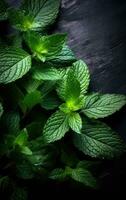 Fresh organic mint leaves ready for cooking on the kitchen table. Created with Generative AI technology. photo