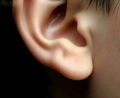 Photographer of a child's ear. Macro photography of the outer ear. Clean human ear close up on man head. Closeup of a girl ear. Created with Generative AI technology. photo