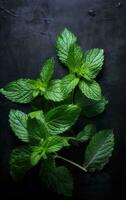 Fresh organic mint leaves ready for cooking on the kitchen table. Created with Generative AI technology. photo