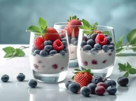 Granola with yogurt and berries for healthy breakfast. Bowl of greek yogurt with granola, almonds, blueberries and strawberries, top view, copy space. Created with Generative AI technology. photo