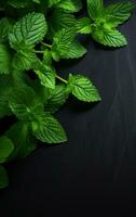 Fresh organic mint leaves ready for cooking on the kitchen table. Created with Generative AI technology. photo